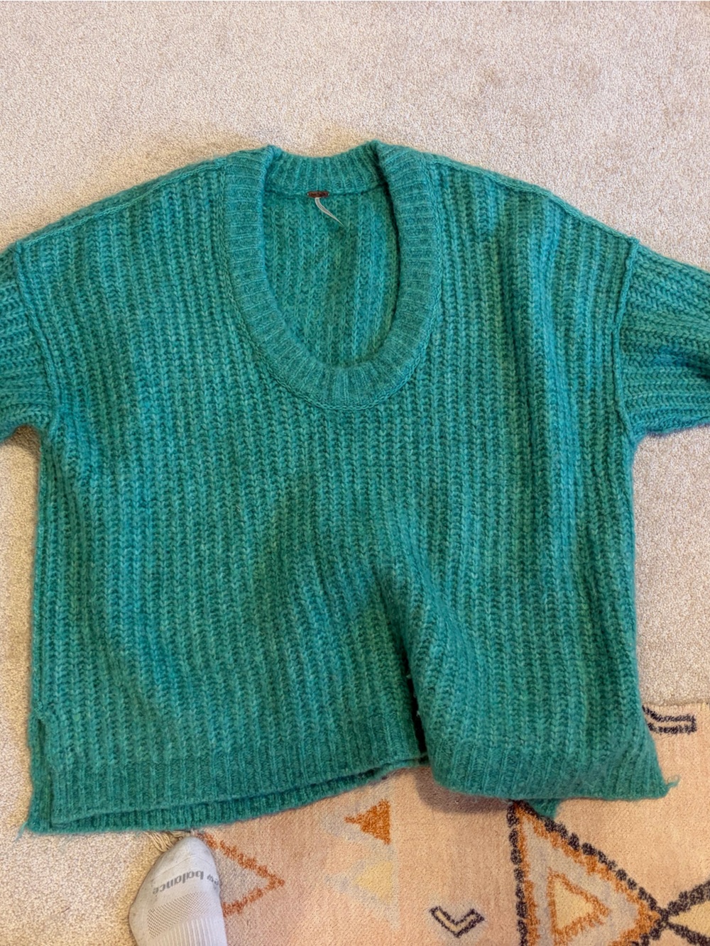 Free People Teal Ribbed Crewneck Sweater